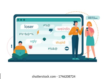 Cyberbullying concept. Online harassment with unfriendly mean messages. Social network violence. Internet abuse. Isolated vector illustration