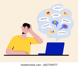 Cyberbullying concept. Sad man reading messages at laptop and getting insulted online. Vector flat illustration