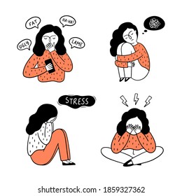 Cyberbullying concept. A set of a girl experiencing different emotions such as fear, sadness, depression, stress. Vector hand-drawn illustration.