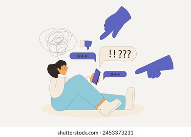 Cyberbullying concept. Young woman sitting with her phone and read rude and toxic messages on social media. Bullying at school. Teenage girl with social anxiety. Vector flat outline illustration