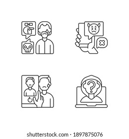 Cyberbullying and discrimination linear icons set. Racial bullying. Anonymous stalker, doxing. Customizable thin line contour symbols. Isolated vector outline illustrations. Editable stroke