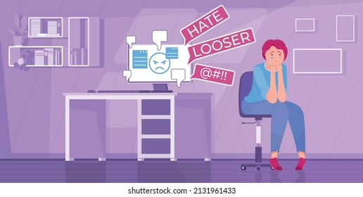 Cyberbullying flat composition with view of living room of distracted teenager with computer angry chat bubbles vector illustration