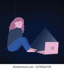 Cyberbullying illustration. A girl sitting in the corner covering her face with her hands.