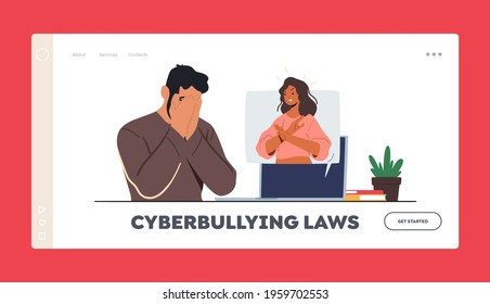 Cyberbullying Laws Landing Page Template. Woman Show Stop Gesture from Pc Monitor. Teen Character Crying front of Pc Screen after Being Bullied in Internet. Cartoon People Vector Illustration