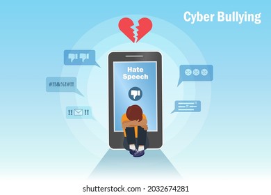 Cyberbullying, negative criticism, online hate speech, child abuse  concept. Kid with broken heart crying at smartphone screen with hate speech from online social media network.  