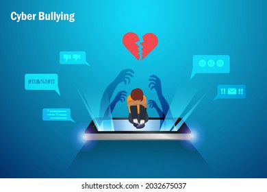 Cyberbullying, negative criticism, online hate speech, child abuse concept. Kid with broken heart crying on smartphone screen with threaten hands and hate speech from online social media network.  