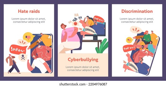 Cyberbullying Network Abuse and Harassment Cartoon Banners. Cyber Bullying Problem. Haters on Computer or Smartphone Screen Internet Blaming Female Character in Internet. Vector Illustration, Posters