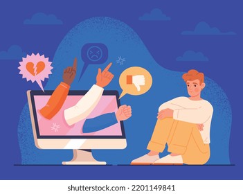 Cyberbullying on internet. Bullying, insults and psychological abuse in social network. Negative influence. Upset character hides from hands of aggressive users. Cartoon flat vector illustration