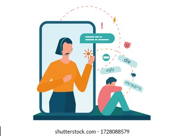 Cyberbullying online service or platform. Hot line for psychological help. Online harassment with unfriendly mean messages. Social network violence. Internet abuse. Isolated vector illustration