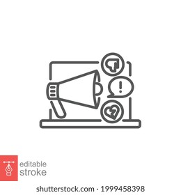 Cyberbullying outline icon. Impersonate social media bully, insult behavior. Digital harassment, emotional message. Haters online. Editable stroke Vector illustration design on white background EPS 10