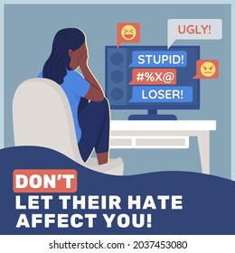 Cyberbullying prevention social media post mockup. Not let their hate affect you phrase. Web banner design template. Booster, content layout with inscription. Poster, print ads and flat illustration