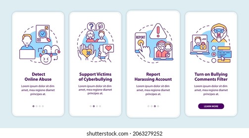 Cyberbullying prevention steps onboarding mobile app page screen with concepts. Detection, report walkthrough 4 steps graphic instructions. UI, UX, GUI vector template with linear color illustrations