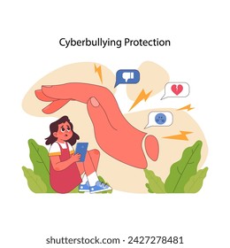 Cyberbullying protection concept. Protective parents hand shield child from online harassment, ensuring secure social media experience. Parental problems in digital age. Flat vector illustration