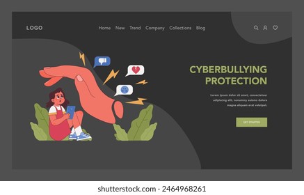 Cyberbullying protection concept. Protective parents hand shield child from online harassment, ensuring secure social media experience. Parental problems in digital age. Flat vector illustration