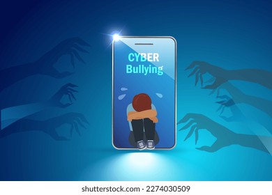 Cyberbullying from social media, child abuse concept. Kid crying on smartphone screen with threaten evil hands from online social media networking.  