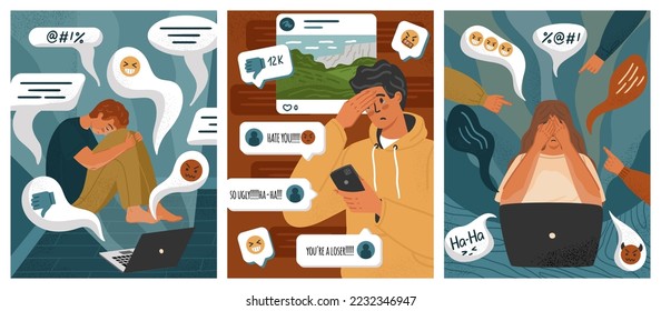 Cyberbullying in social media concept vector set. Online abuse and cyber harassment. Upset teen girl crying in front of computer. Online haters, hate speech, negative emoji