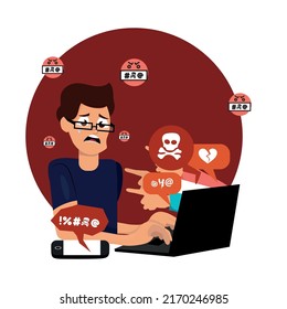 Cyberbullying in social networks and online abuse concept. Flat vector cartoon illustration of upset boy character. Young man crying in front of laptop screen due to hater messages.