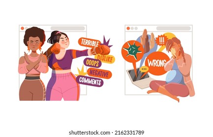 Cyberbullying in social networks. People sending aggressive messages and suffering from online abuse and violence cartoon vector illustration