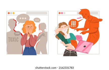 Cyberbullying in social networks. Stressed girls suffering from social attack and violence cartoon vector illustration