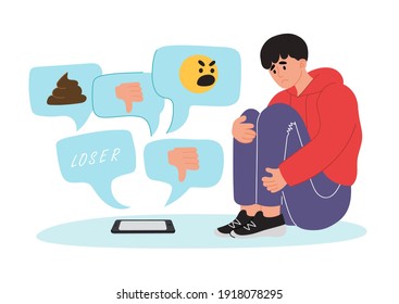 Cyberbullying, teen bullying. Trolling from mobile phones, malicious text messages on social networks, sending rude comments. A victim of aggression and network pressure.