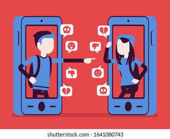 Cyberbullying, teenagers smartphone bullying, harmful gadget harassment. Hating, drama, gossip or trolling via cellphone, text messages in chat, mean comments. Vector illustration, faceless characters