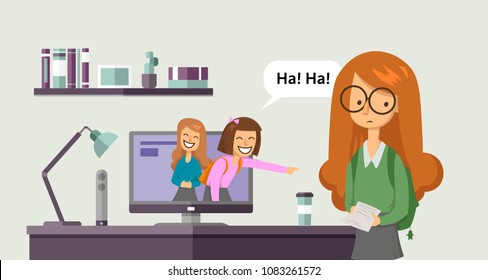 Cyberbullying, trolling. Teenage girls laughing and pointing at another girl from computer screen. Concept vector illustration. Flat style. Horizontal.