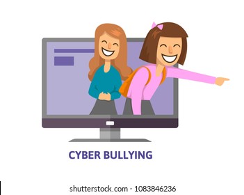 Cyberbullying, trolling. Teenage girls laughing and pointing from computer monitor. Concept vector illustration. Flat style. Isolated on white background.