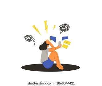 Cyberbullying vector concept. Young female person sitting on the floor with mobile phone suffering cyber bullying stalked isolated on white background. Sad desperate teenage girl reading text message.