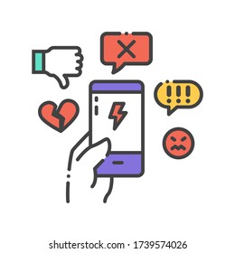 Cyberbullying victim hand holding smartphone. Abuse, internet, hate concept. Social media insult. Sign for web page, mobile app, button, logo. Editable stroke