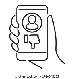 Cyberbullying victim hand holding smartphone black line icon. Abuse, internet, hate concept. Social media insult. Isolated vector element. Outline pictogram for web page, mobile app, promo.