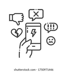 Cyberbullying Victim Hand Holding Smartphone Black Line Icon. Abuse, Internet, Hate Concept. Social Media Insult. Sign For Web Page, Mobile App, Button, Logo. Editable Stroke.