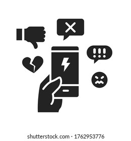 Cyberbullying victim hand holding smartphone black glyph icon. Abuse, internet, hate concept. Social media insult. Sign for web page, mobile app, button, logo