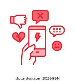 Cyberbullying victim hand holding smartphone color line icon. Abuse, internet, hate concept. Social media insult. Sign for web page, mobile app, button, logo. Editable stroke.