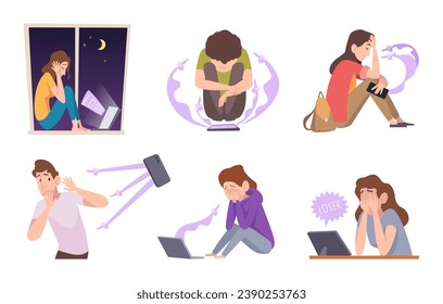 Cyberbullying. Victim of online violence social hate people exact vector cyberbullying concept illustrations