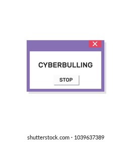 Cyberbullying window with error, stop, vector flat illustration, button, cross, gray, red, black, blue, warning