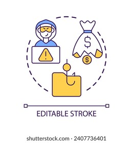 Cybercrime attack concept icon. Financial fraud. Stealing money. Hacking private data. Online hazard abstract idea thin line illustration. Isolated outline drawing. Editable stroke. Arial font used