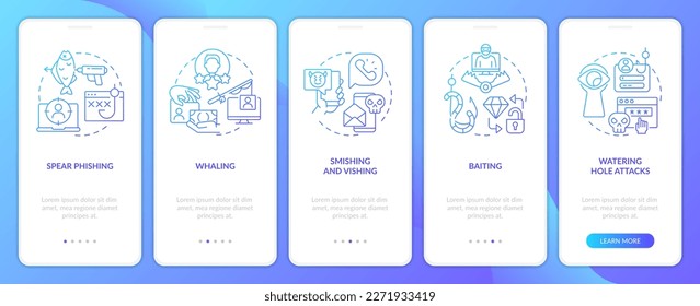 Cibercrimen ataca métodos de degradado azul en la pantalla de aplicación móvil. Recorrido 5 pasos instrucciones gráficas con conceptos lineales. UI, UX, plantilla GUI. Multitud de tipos de letra Pro-Bold, con uso regular