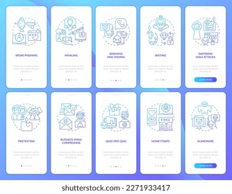 Cybercrime attacks tactics blue gradient onboarding mobile app screen set. Walkthrough 5 steps graphic instructions with linear concepts. UI, UX, GUI template. Myriad Pro-Bold, Regular fonts used