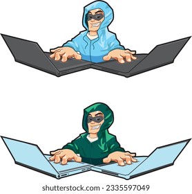 cybercrime cartoon, hacker with two laptops