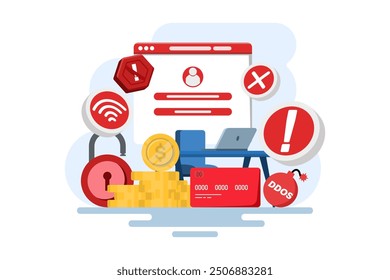 Cybercrime concept, Fraud, Hackers steal personal data on devices, Online phishing, Mass theft, Malware, Password phishing, DDOS attacks, Debit card or payment card fraud. Flat vector illustration.