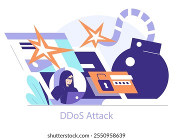 Cybercrime concept. Hacker launching a DDoS attack, causing service disruption. Digital security threat and internet crime scene. Vector illustration.