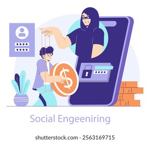 Cybercrime concept. A hacker manipulates an unsuspecting user against a digital backdrop, illustrating social engineering. Vector illustration.