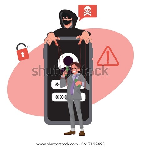 Cybercrime concept: hacker manipulates unsuspecting user.