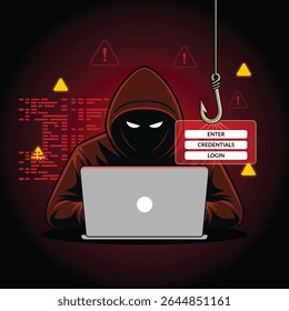 Cybercrime Concept with Hooded Hacker Stealing Credit Card Details, Hacking Laptop, Phishing Emails, Online Theft, and Security Breach