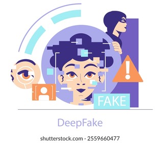 Cybercrime concept. An illustration exposing the deceptive world of deepfake technology with a hacker and warning signs. Digital identity manipulation alert. Vector illustration.