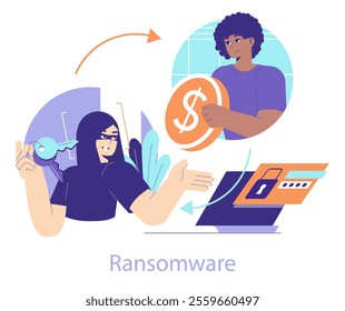 Cybercrime concept illustration portraying a hacker demanding ransom from a distressed user through ransomware, highlighting cybersecurity threats. Vector illustration.