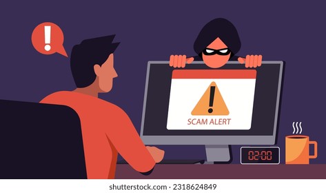 Cybercrime concept, man shocked by criminal, black hood thief hide behind computer monitor with emergency alert of threat by malware, phishing or hacker, flat vector illustration