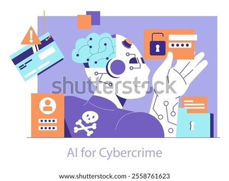 Cybercrime concept. A stylized robot with a brain circuit holds a credit card, depicting threats in digital security. AI's involvement in electronic fraud. Vector illustration.