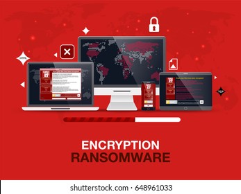 Cybercrime and cyber security concept, Wanna Cry virus attack on computer, notebook and smartphone.