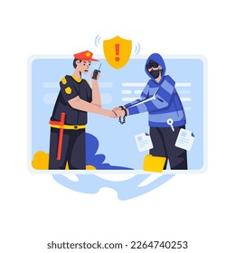 Cybercrime flat design with cyber security catching hacker illustration